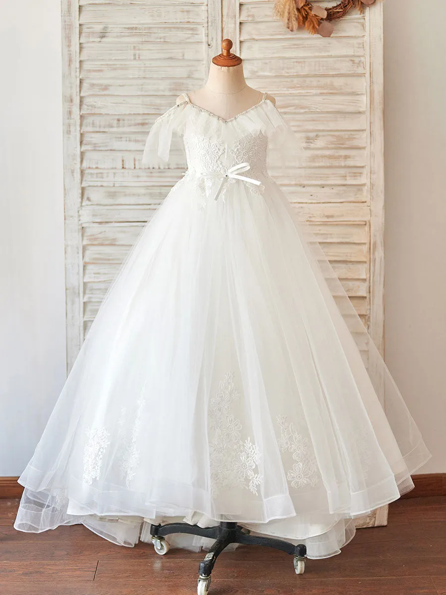 V-Neck Sleeveless Beaded Kids Social Party Lace Dresses