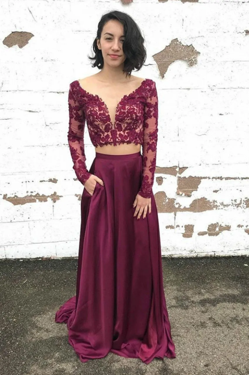 V-neckline Two-piece Prom Dresses Long Sleeves Lace Bodice