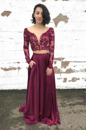V-neckline Two-piece Prom Dresses Long Sleeves Lace Bodice