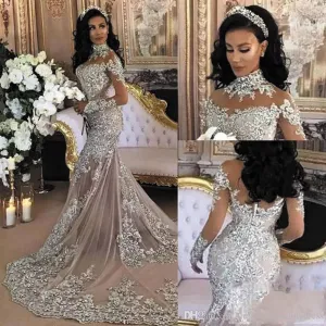vestido de novia de seria mermaid wedding dresses for bride crystals luxury high neck lace appliqué wedding gowns