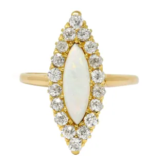 Victorian Diamond Opal 18 Karat Gold Navette Cluster Ring