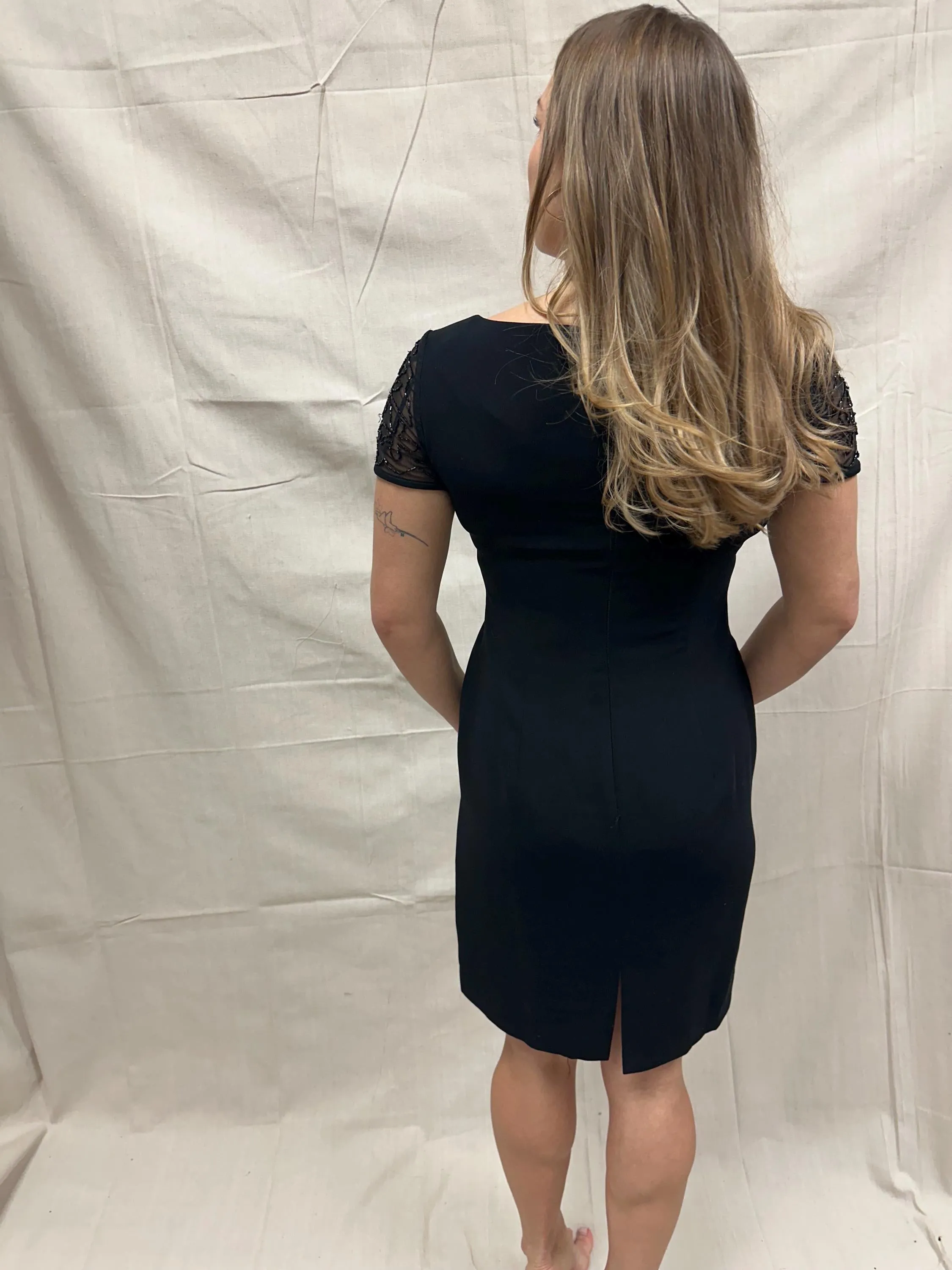 Vintage 90s David Warren NY Little Black Dress with Black Beaded Cap Sleeve Detail | Ladies Size 6