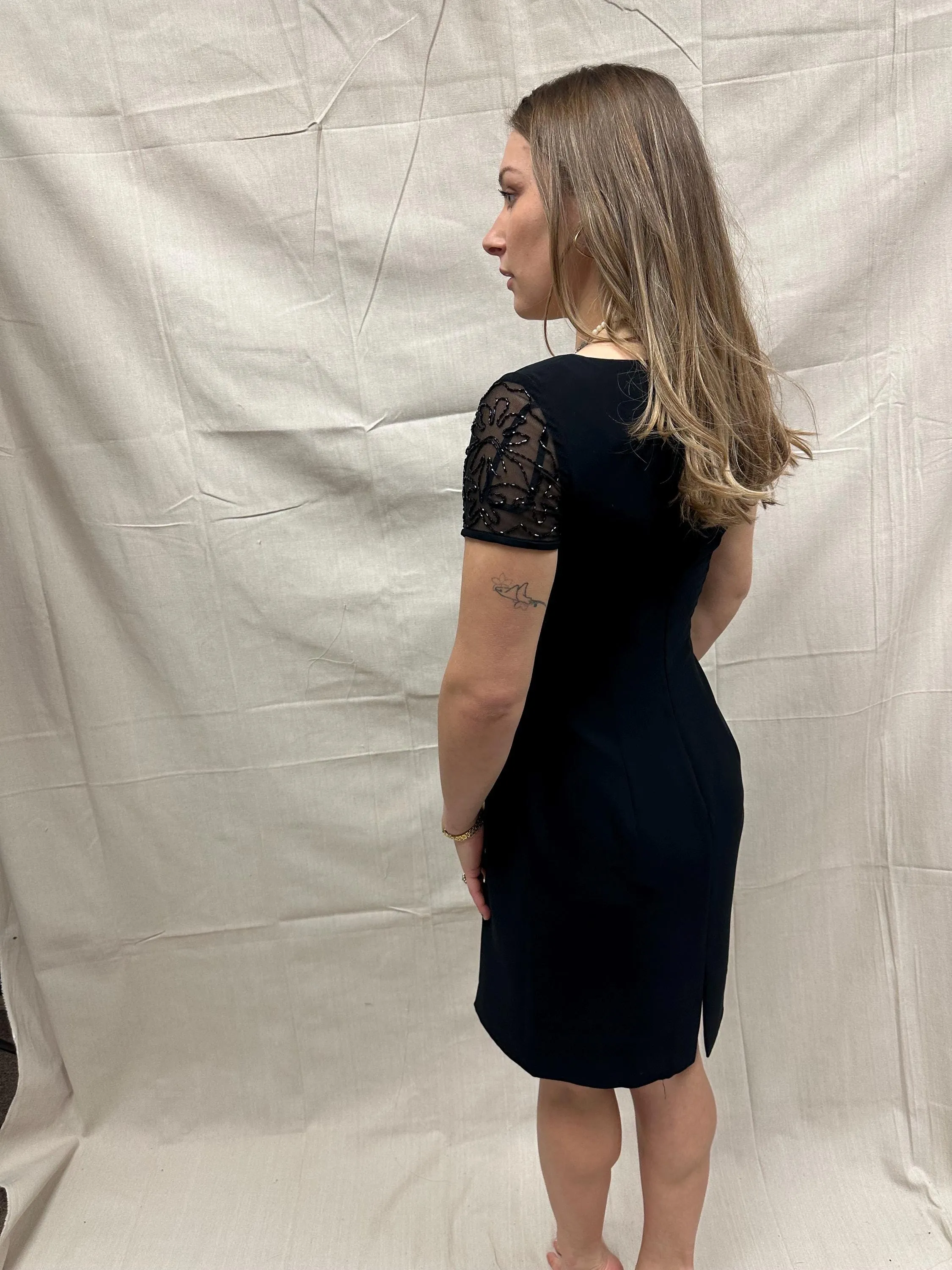 Vintage 90s David Warren NY Little Black Dress with Black Beaded Cap Sleeve Detail | Ladies Size 6