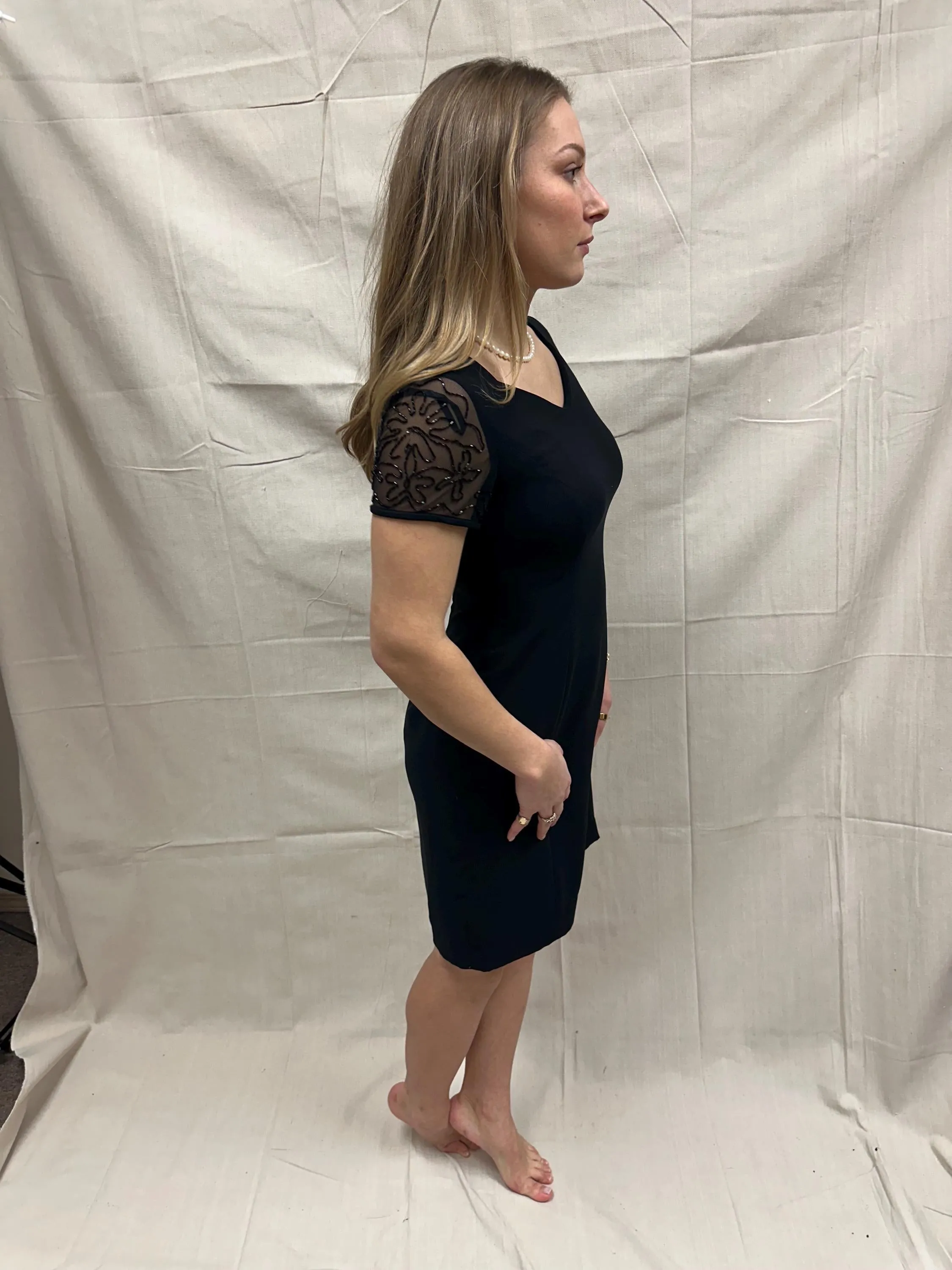 Vintage 90s David Warren NY Little Black Dress with Black Beaded Cap Sleeve Detail | Ladies Size 6