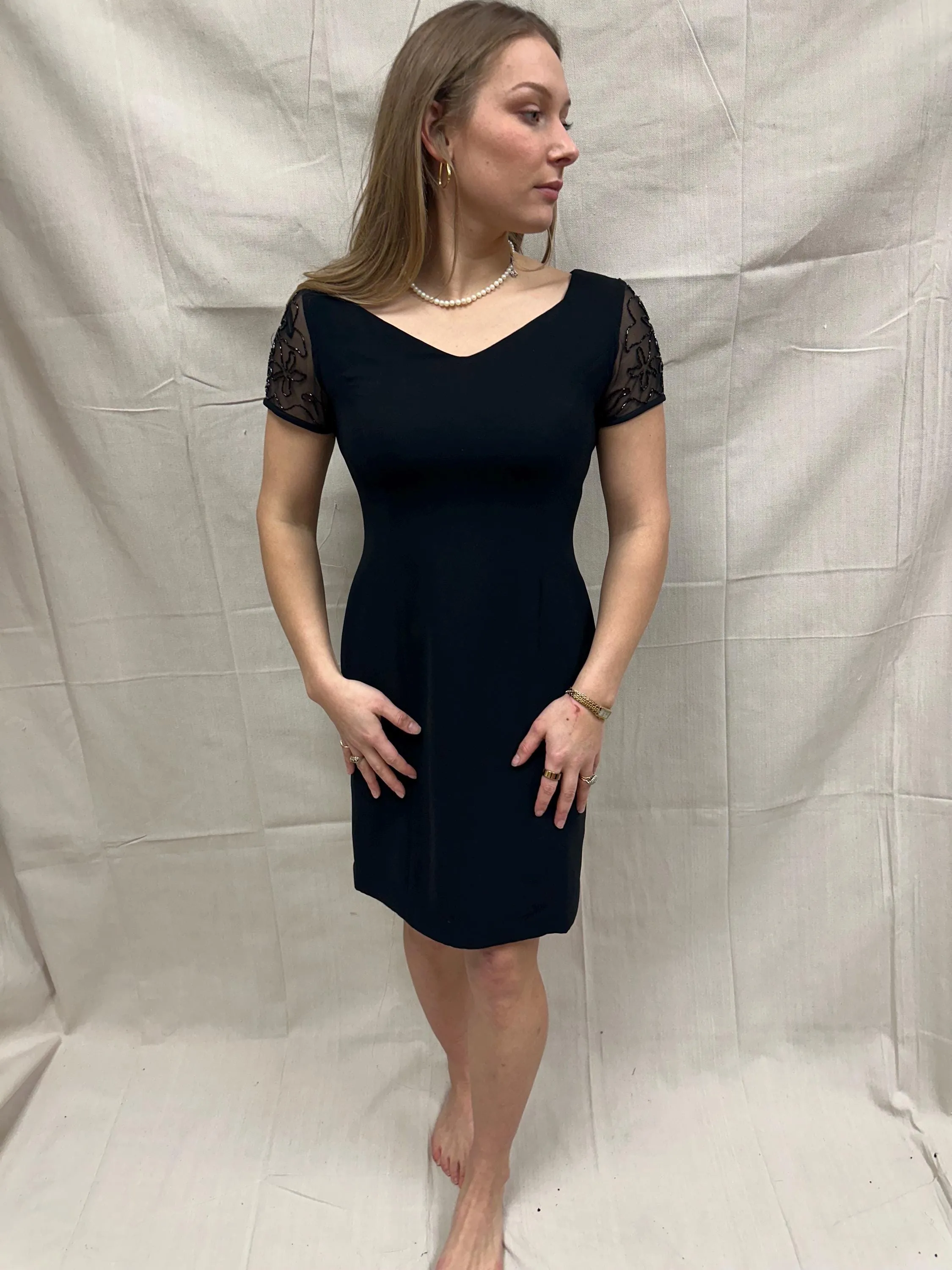 Vintage 90s David Warren NY Little Black Dress with Black Beaded Cap Sleeve Detail | Ladies Size 6