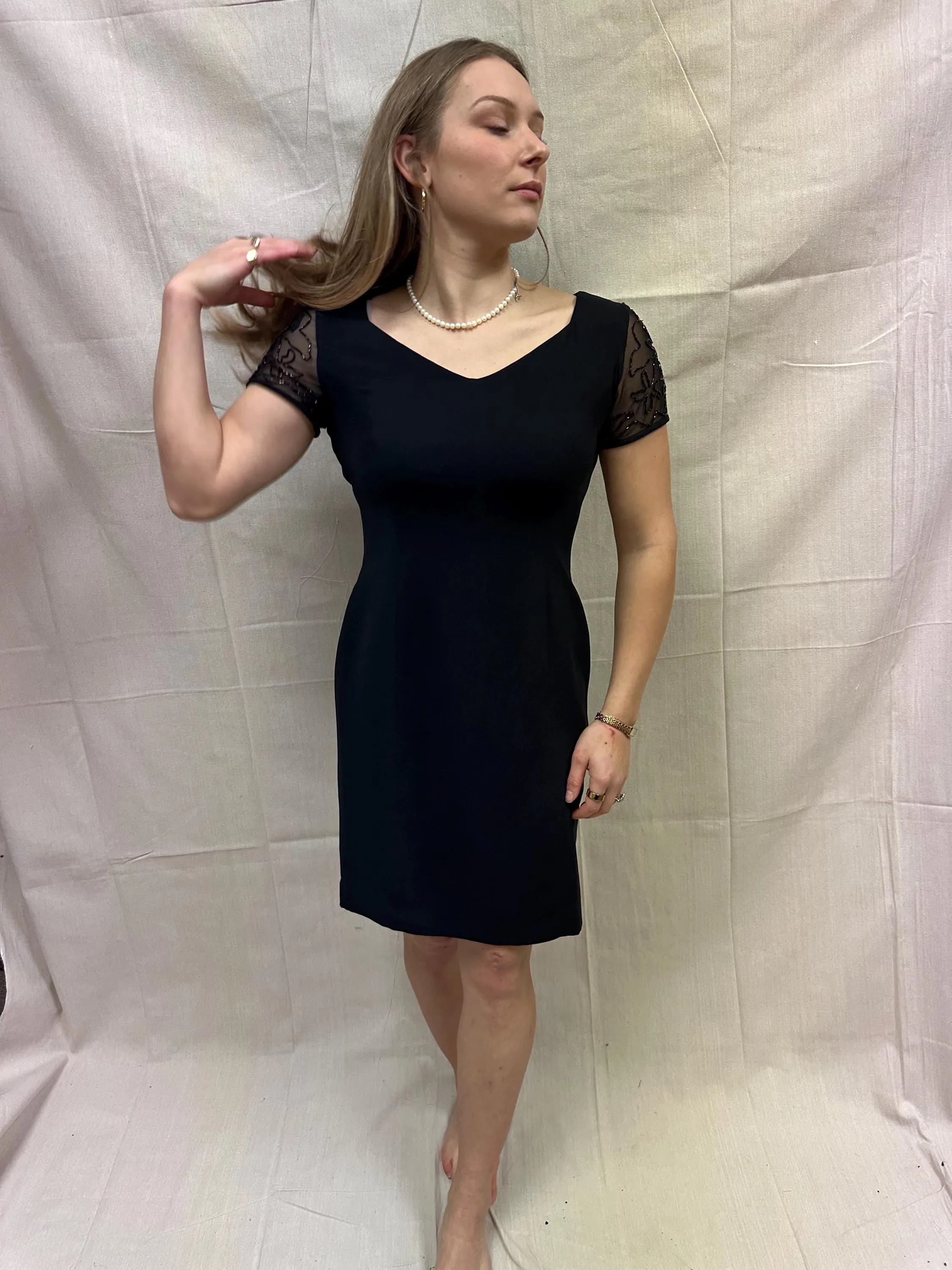 Vintage 90s David Warren NY Little Black Dress with Black Beaded Cap Sleeve Detail | Ladies Size 6