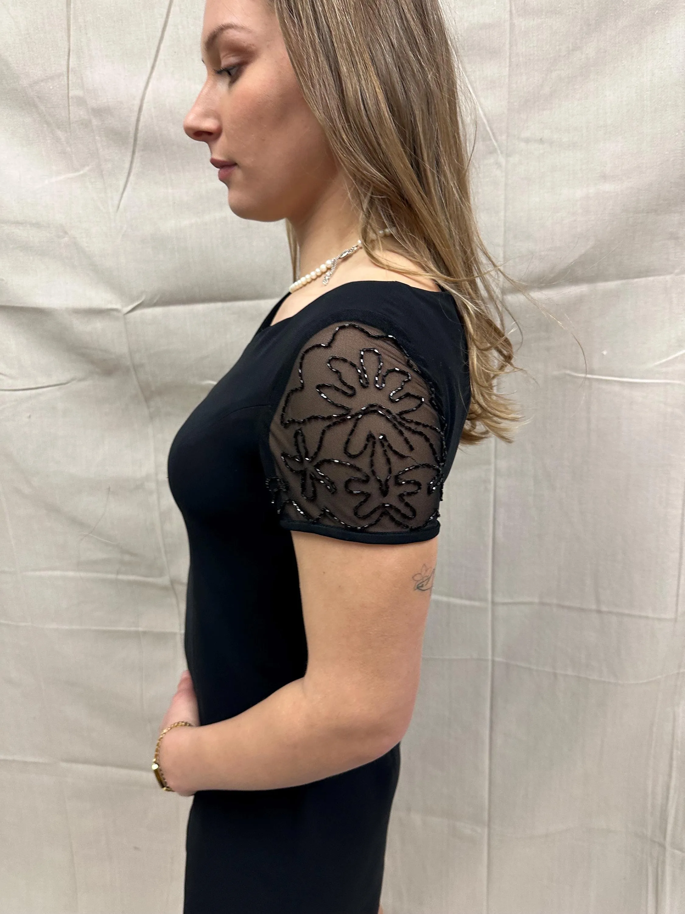 Vintage 90s David Warren NY Little Black Dress with Black Beaded Cap Sleeve Detail | Ladies Size 6