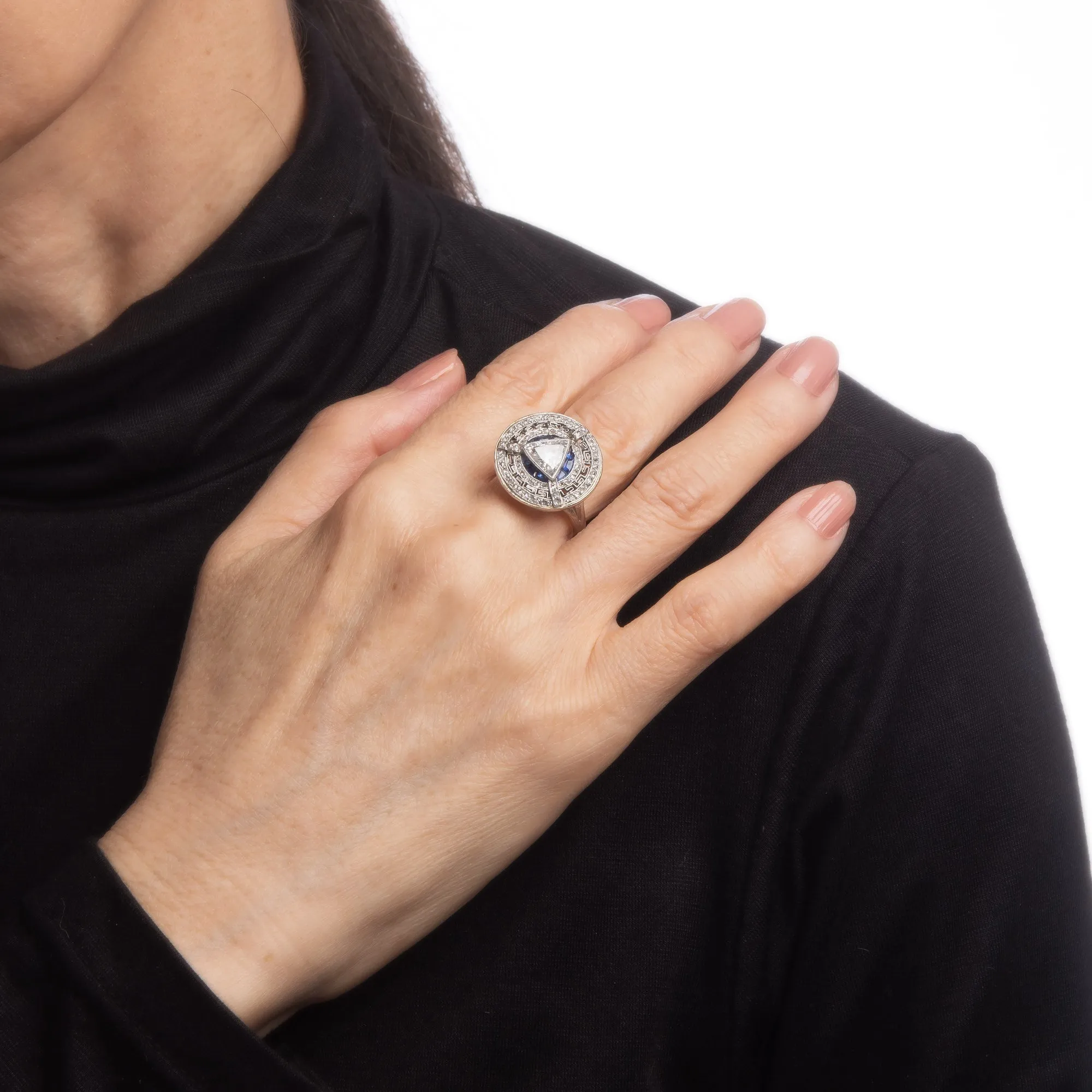Vintage Art Deco Diamond Sapphire Ring Round Greek Key Pattern Engagement 6.75