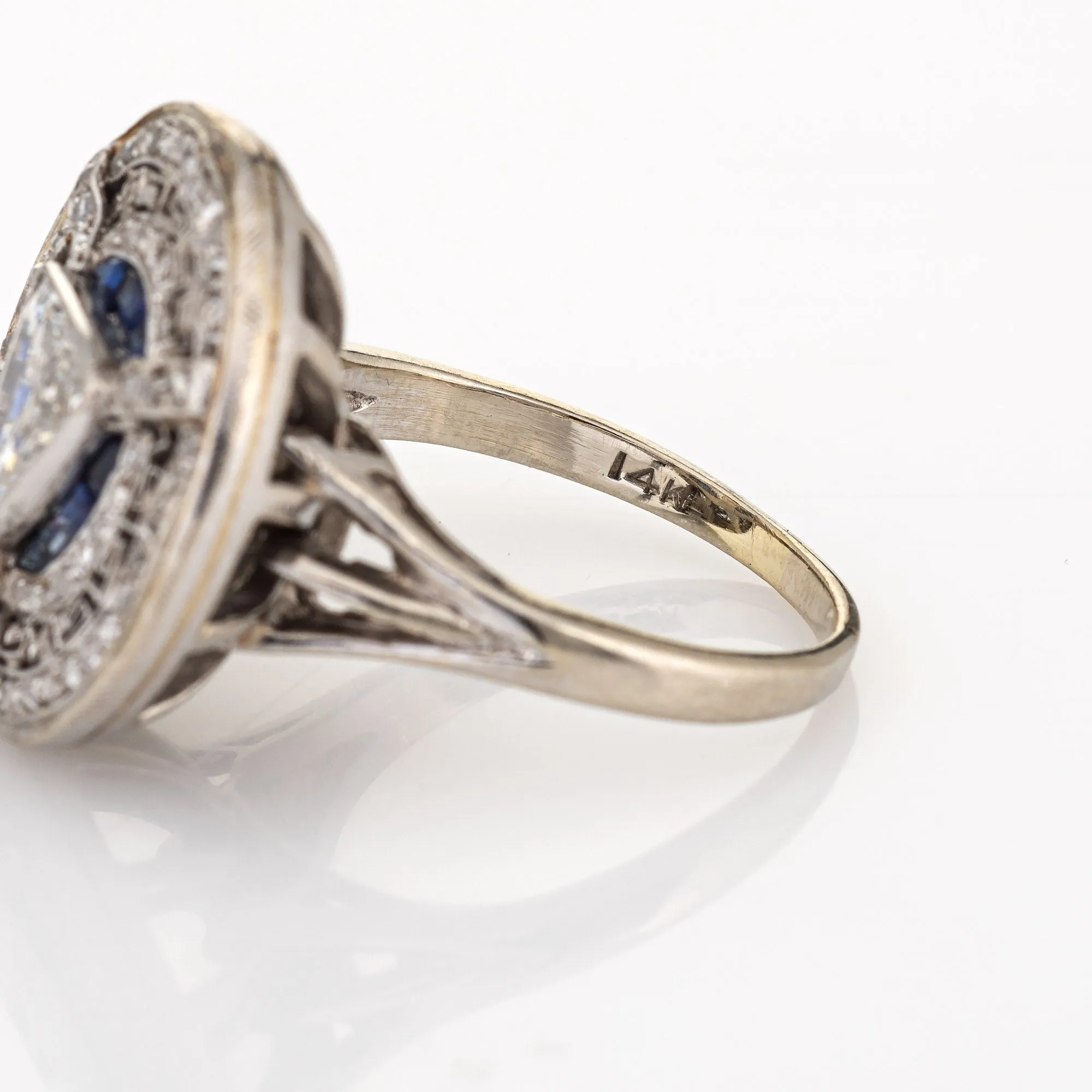Vintage Art Deco Diamond Sapphire Ring Round Greek Key Pattern Engagement 6.75