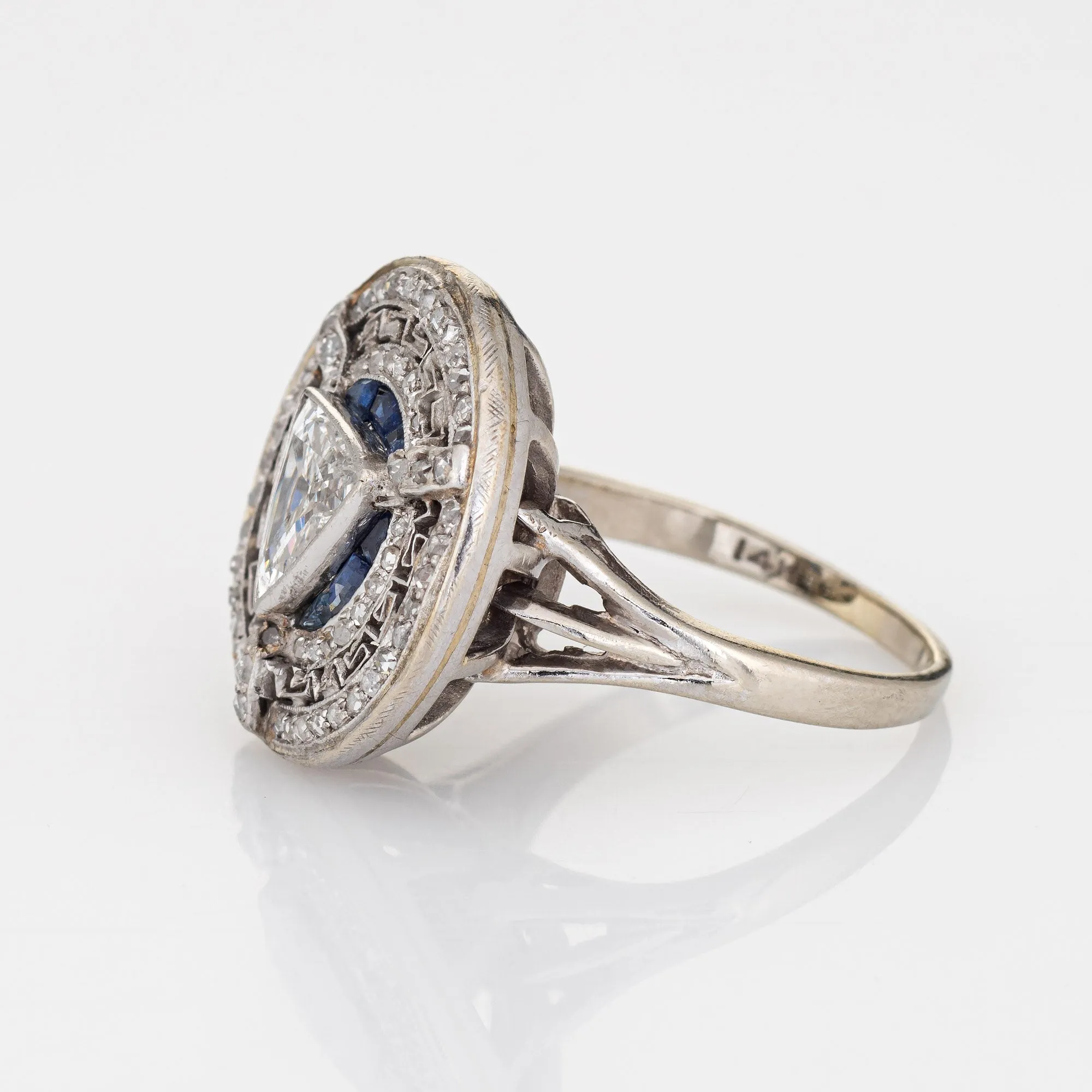 Vintage Art Deco Diamond Sapphire Ring Round Greek Key Pattern Engagement 6.75