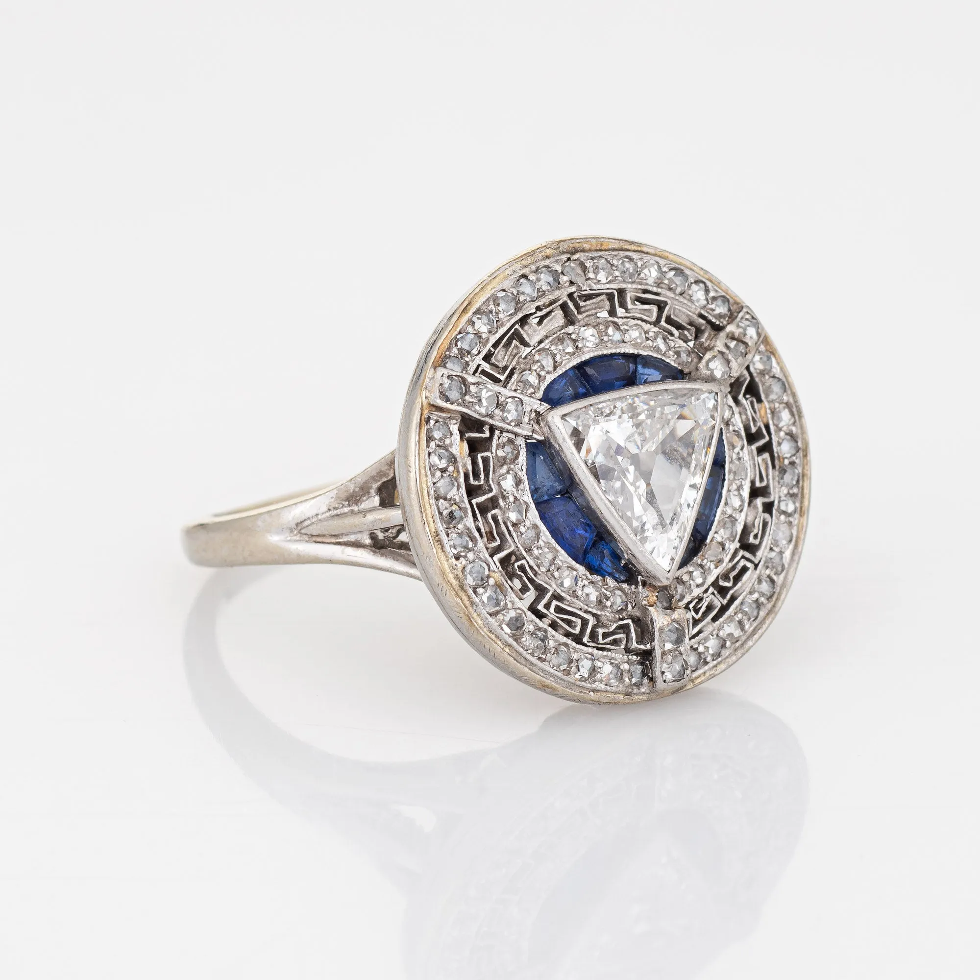 Vintage Art Deco Diamond Sapphire Ring Round Greek Key Pattern Engagement 6.75