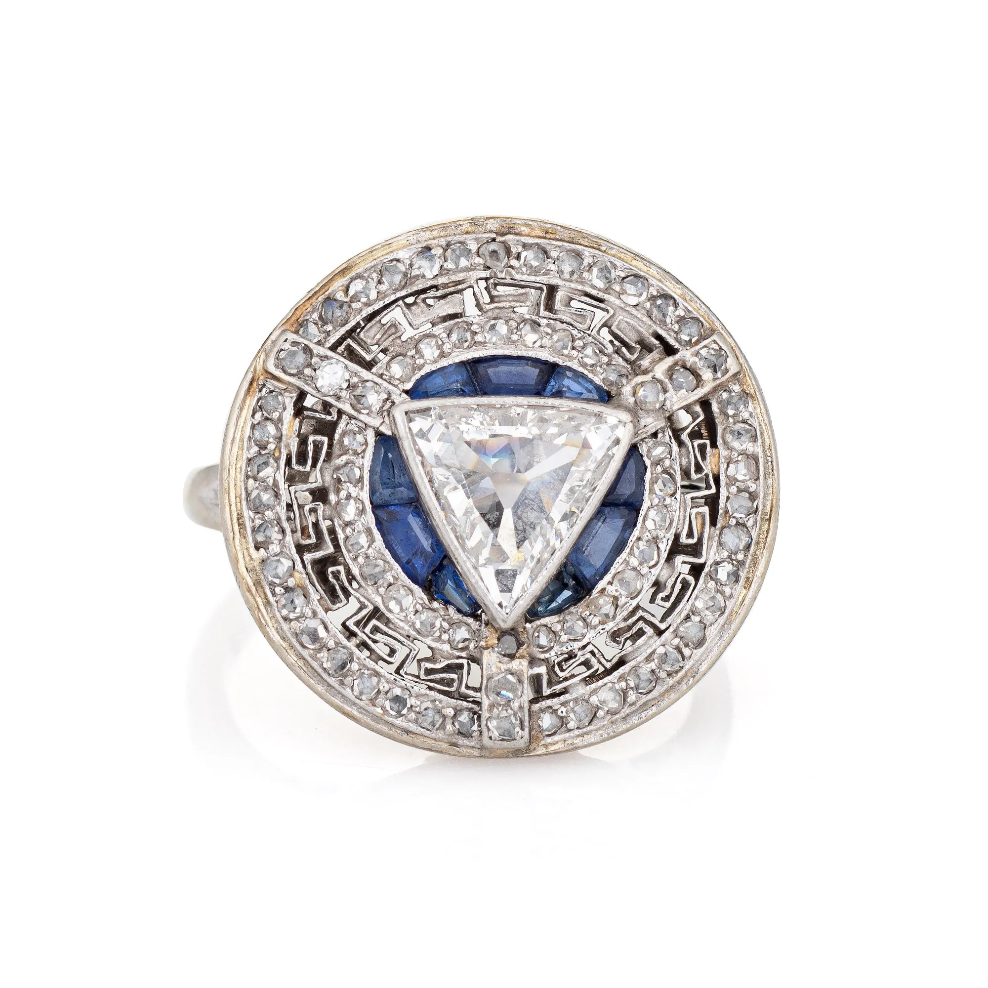 Vintage Art Deco Diamond Sapphire Ring Round Greek Key Pattern Engagement 6.75