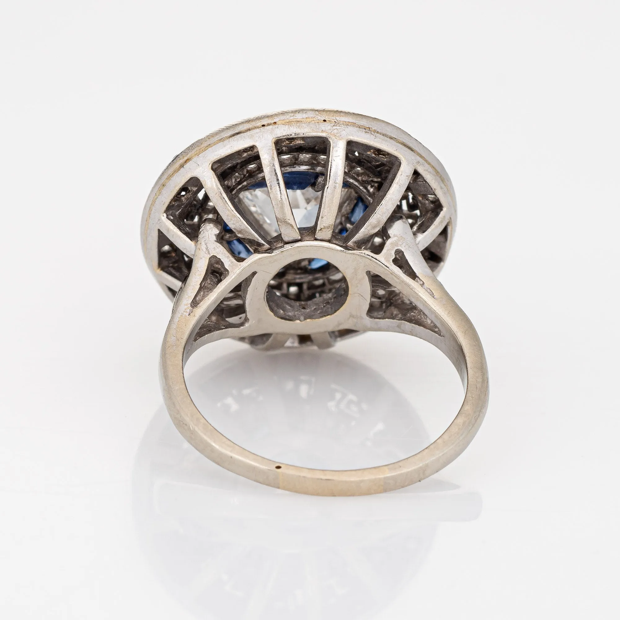 Vintage Art Deco Diamond Sapphire Ring Round Greek Key Pattern Engagement 6.75