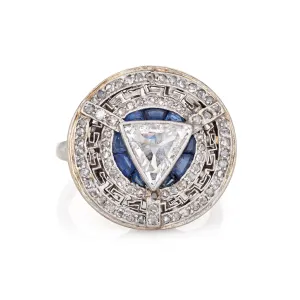 Vintage Art Deco Diamond Sapphire Ring Round Greek Key Pattern Engagement 6.75