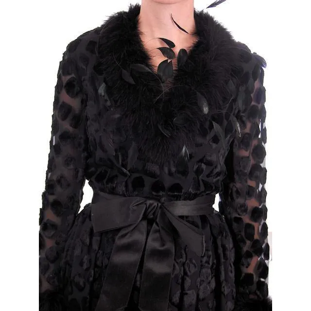 Vintage Black Silk Burn Out Velvet Cocktail Dress w Feathers Sarmi 1960s  Small
