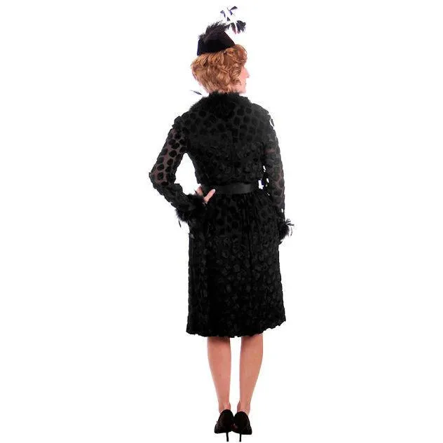 Vintage Black Silk Burn Out Velvet Cocktail Dress w Feathers Sarmi 1960s  Small