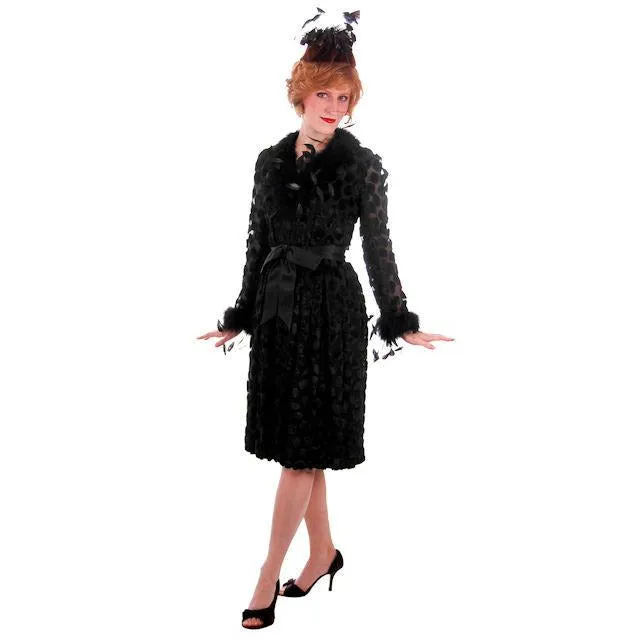 Vintage Black Silk Burn Out Velvet Cocktail Dress w Feathers Sarmi 1960s  Small
