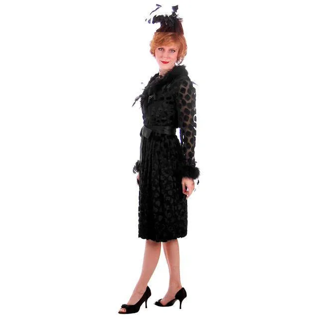 Vintage Black Silk Burn Out Velvet Cocktail Dress w Feathers Sarmi 1960s  Small