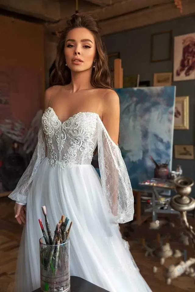 Vintage Bohemia Wedding Dresses Off The Shoulder Bridal Robes Sweetheart A-Line Gowns Lace Appliques Vestidos De Novia
