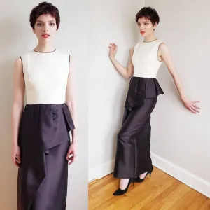 Vintage Christian Dior Evening Dress Silk Satin Ruffled Peplum /Designer Sleeveless Ankle Length Party Dress Black White Red Carpet Gala  SM