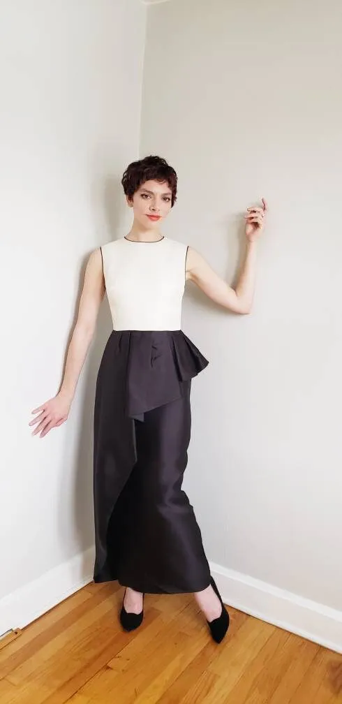 Vintage Christian Dior Evening Dress Silk Satin Ruffled Peplum /Designer Sleeveless Ankle Length Party Dress Black White Red Carpet Gala  SM