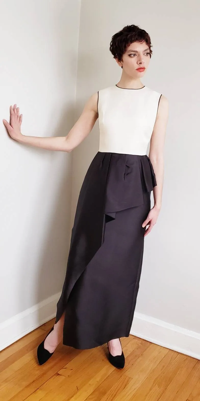 Vintage Christian Dior Evening Dress Silk Satin Ruffled Peplum /Designer Sleeveless Ankle Length Party Dress Black White Red Carpet Gala  SM