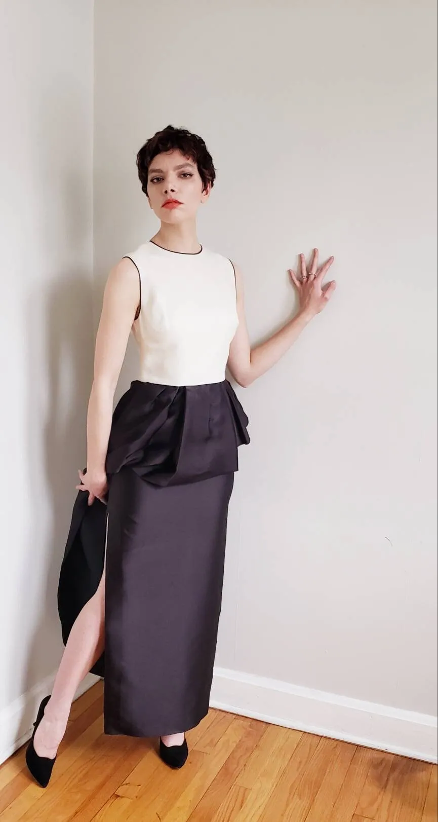 Vintage Christian Dior Evening Dress Silk Satin Ruffled Peplum /Designer Sleeveless Ankle Length Party Dress Black White Red Carpet Gala  SM