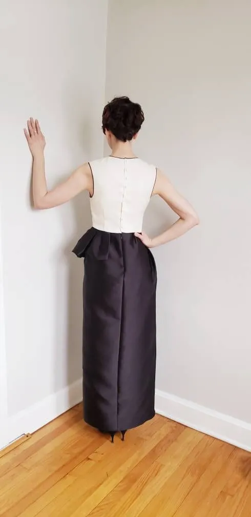 Vintage Christian Dior Evening Dress Silk Satin Ruffled Peplum /Designer Sleeveless Ankle Length Party Dress Black White Red Carpet Gala  SM