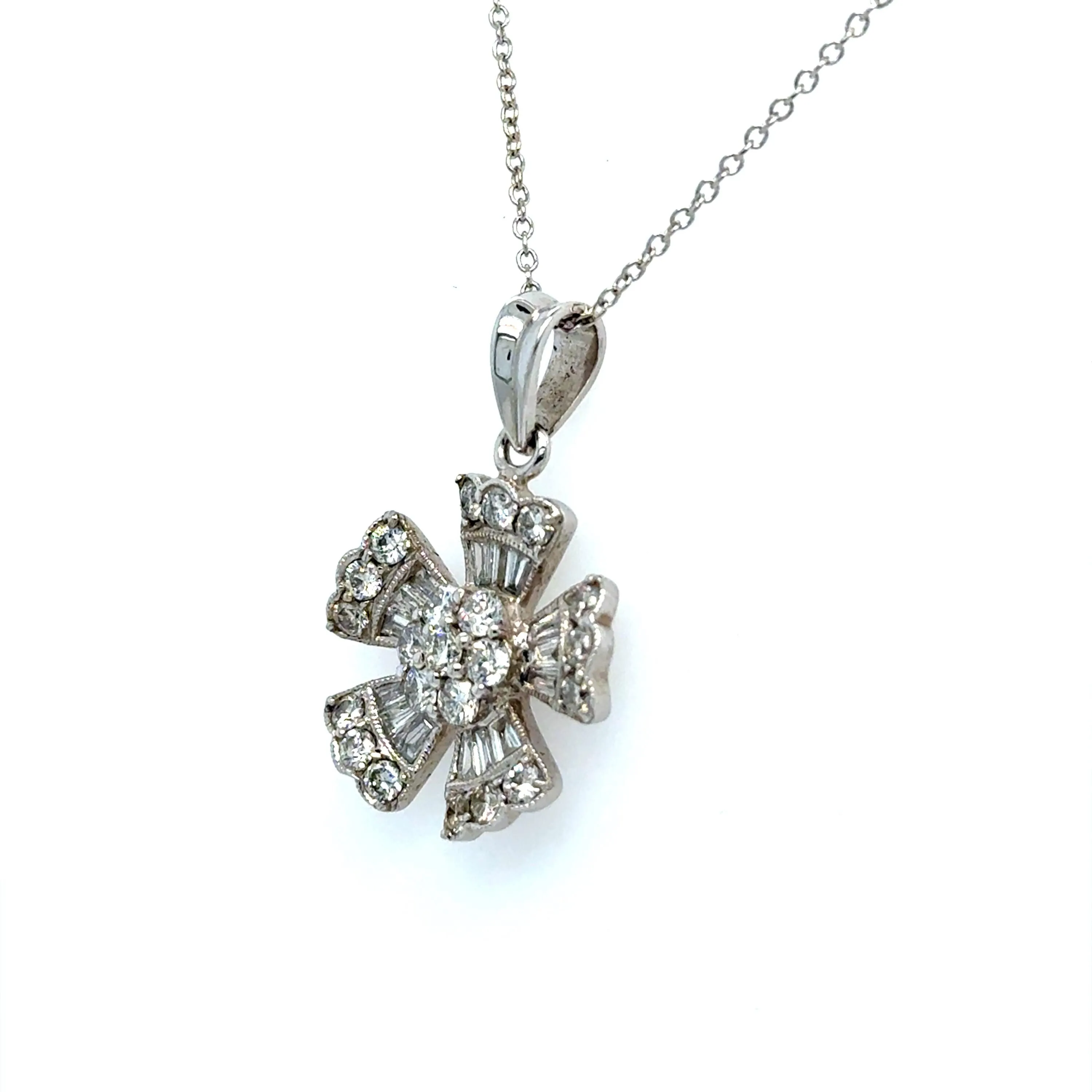 Vintage Floral 18K White Gold Diamond Cluster Pendant.