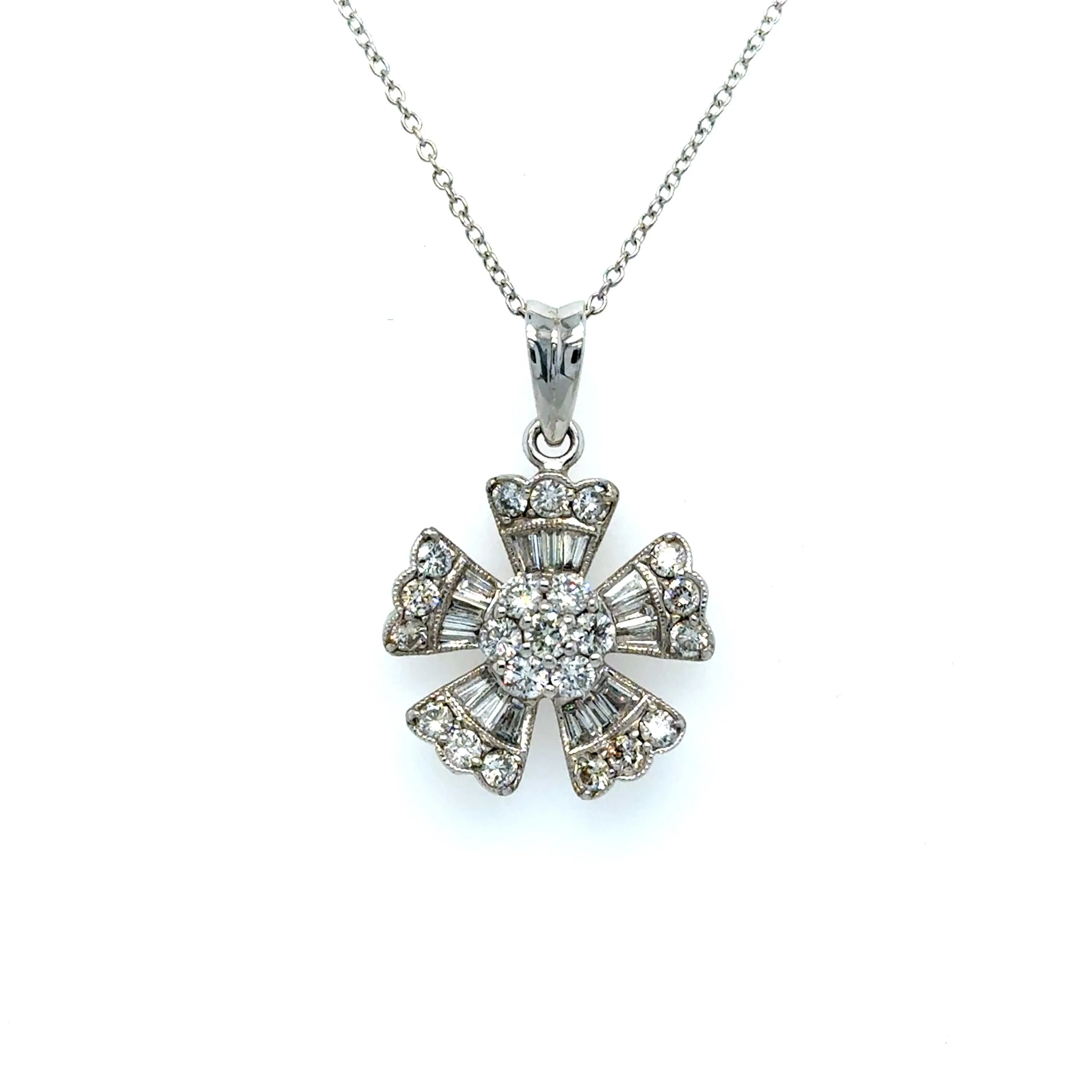 Vintage Floral 18K White Gold Diamond Cluster Pendant.