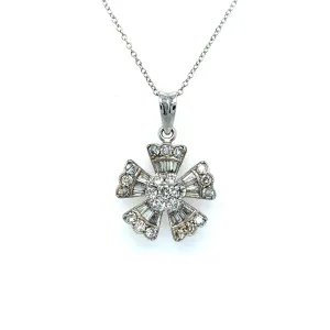 Vintage Floral 18K White Gold Diamond Cluster Pendant.