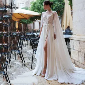 Vintage High Neck Chiffon Boho Backless Wedding Dresses Plus Size Beach Lace