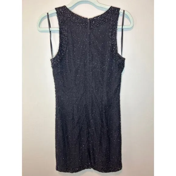 Vintage Laurence Kazar Womens S Mini Dress Beaded Silk Black Zipper Slit Formal