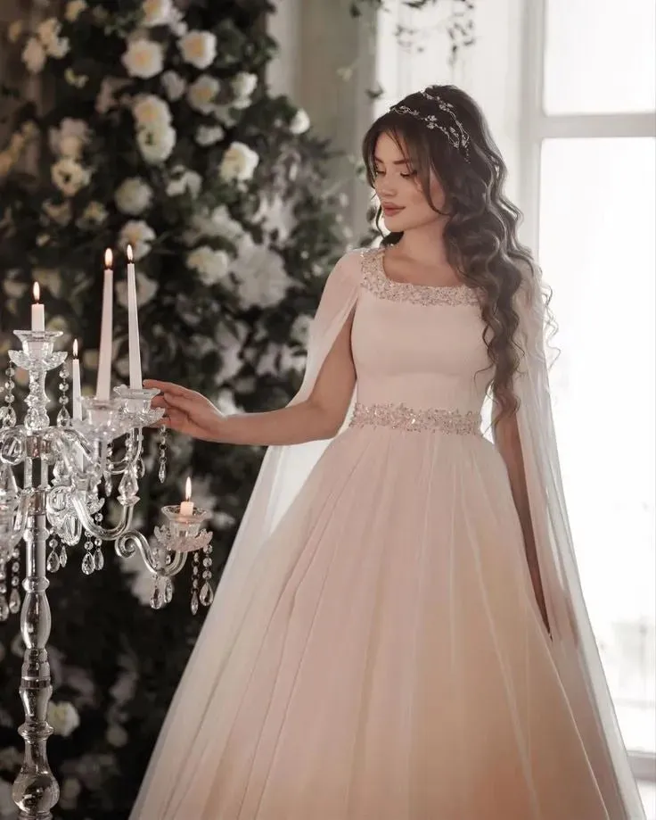 Vintage Long Cape Sleeves Formal Wedding Gowns Square Collar Glitter Beads Bridal Dresses A Line Draped Bride Gown