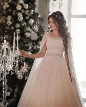 Vintage Long Cape Sleeves Formal Wedding Gowns Square Collar Glitter Beads Bridal Dresses A Line Draped Bride Gown