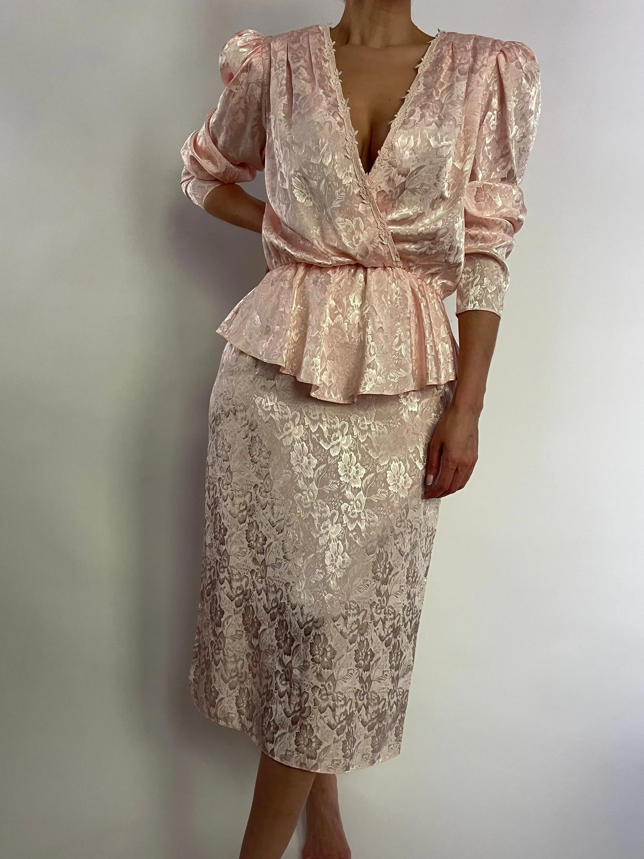VINTAGE PALE PINK JACQUARD MIDI DRESS - SIZE S
