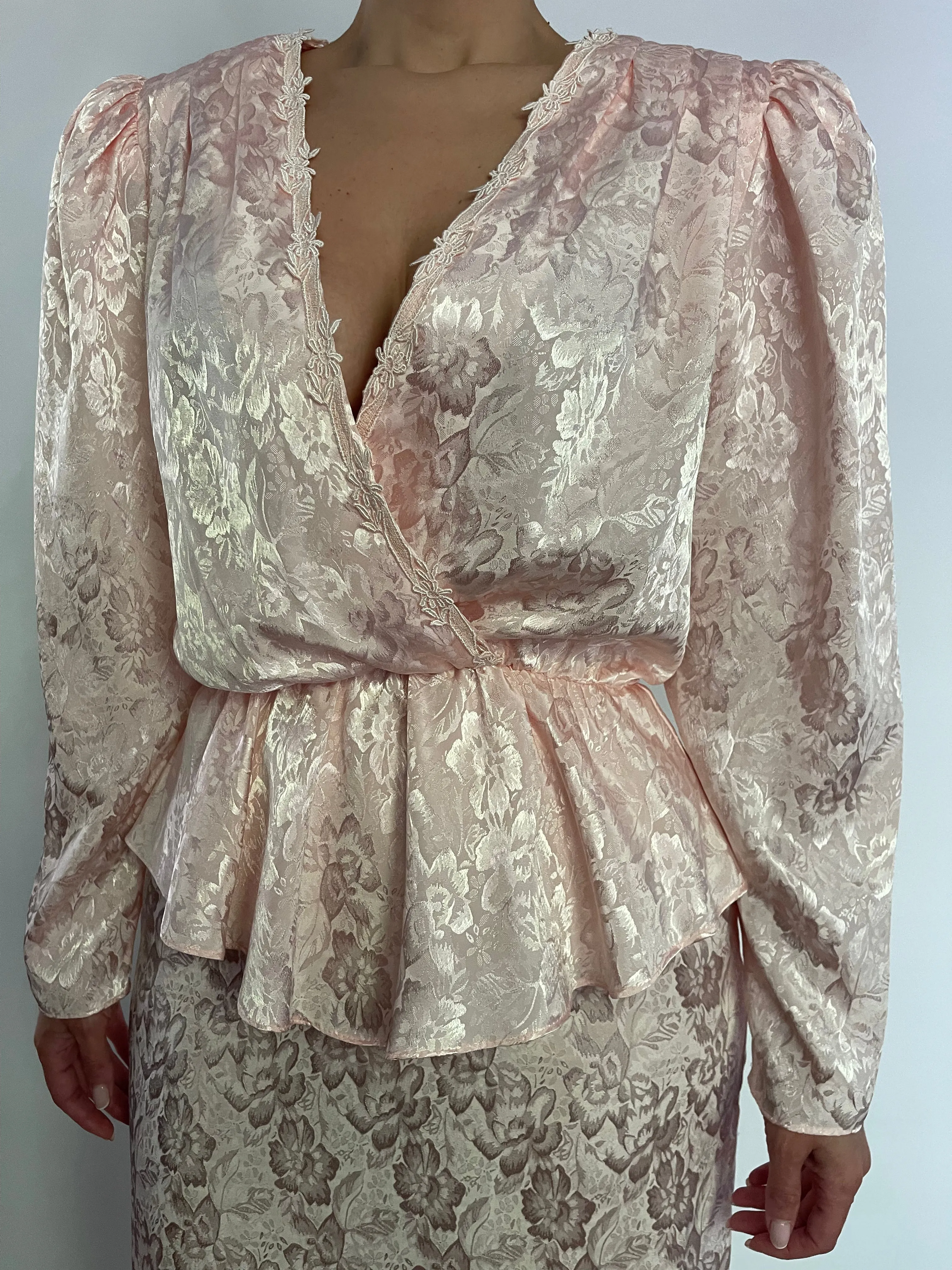 VINTAGE PALE PINK JACQUARD MIDI DRESS - SIZE S