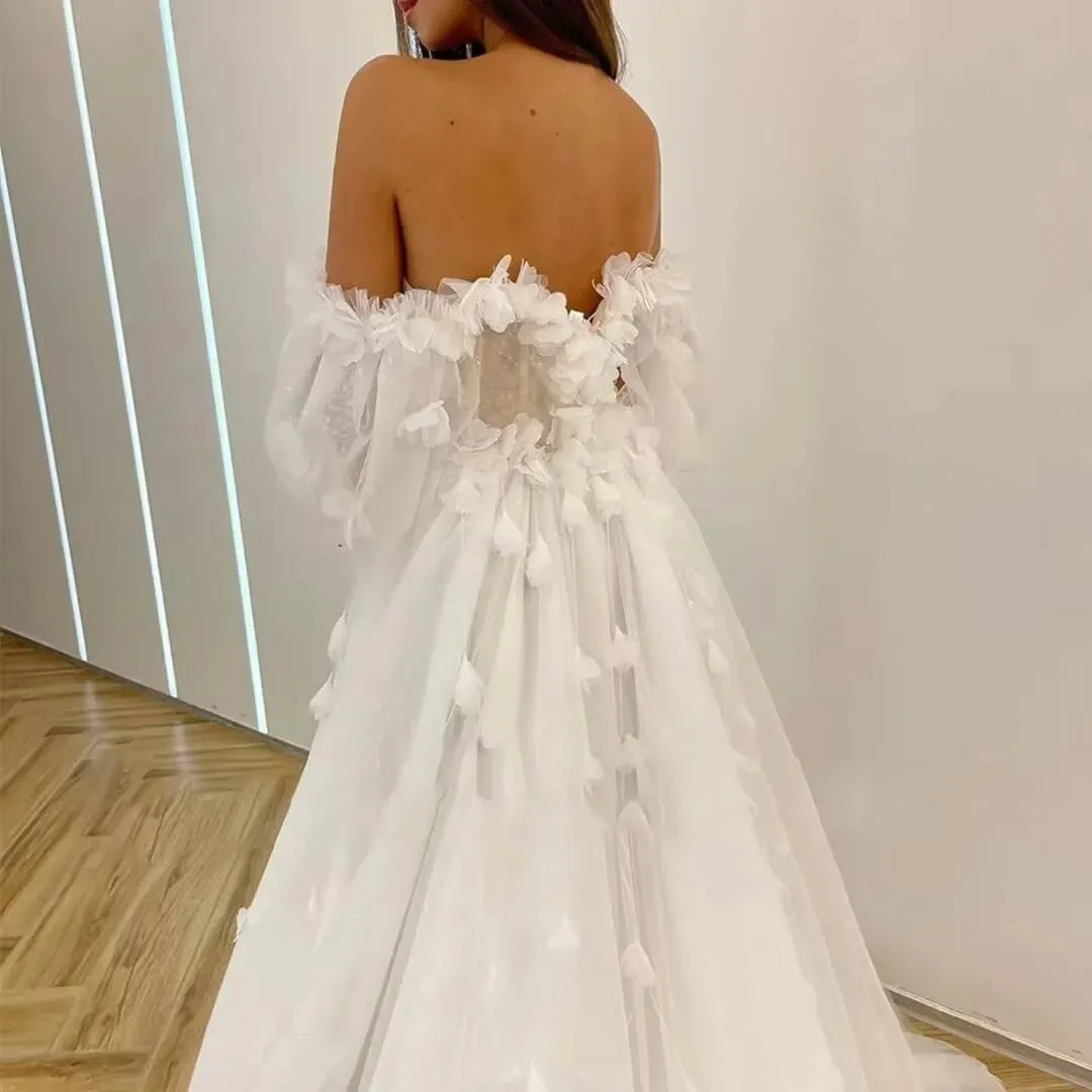 Wedding Dresses Fairy Sweetheart Neck Boho Bride Dresses 3D Flowers Puff Sleeve Elegant Wedding Gowns suknia ślubna Bridal Gown