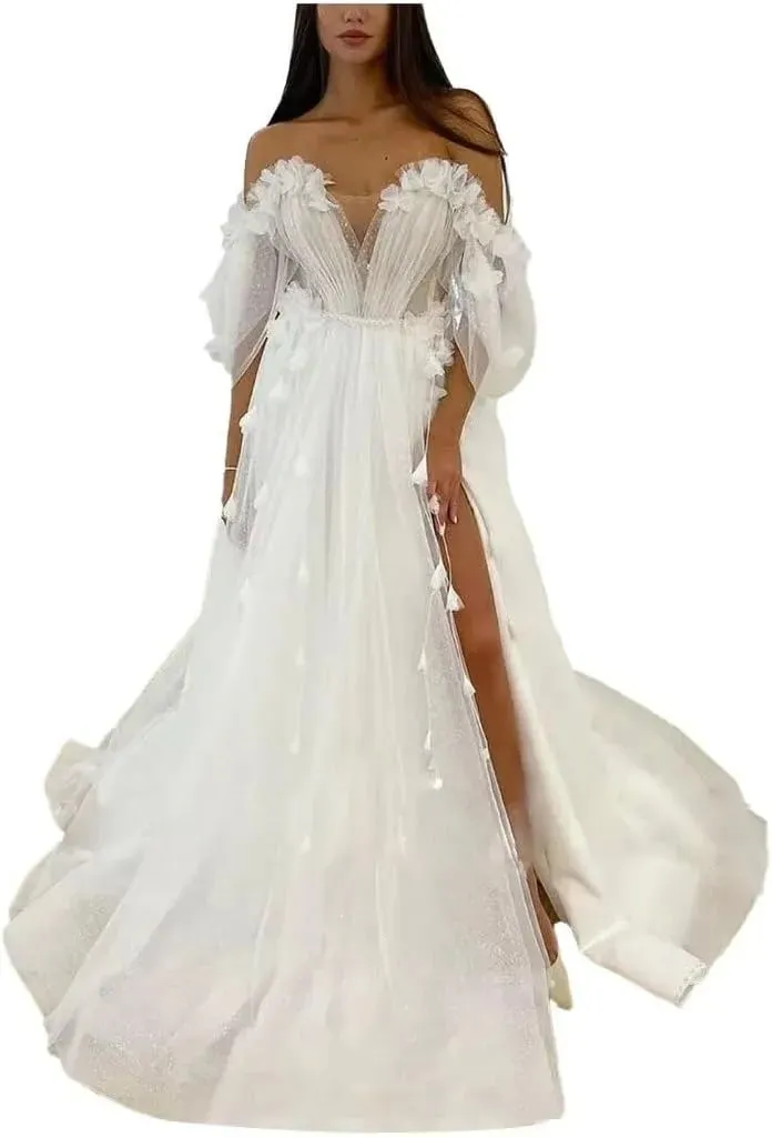 Wedding Dresses Fairy Sweetheart Neck Boho Bride Dresses 3D Flowers Puff Sleeve Elegant Wedding Gowns suknia ślubna Bridal Gown