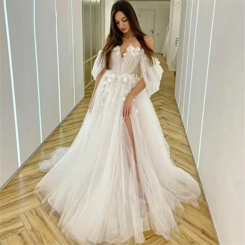 Wedding Dresses Fairy Sweetheart Neck Boho Bride Dresses 3D Flowers Puff Sleeve Elegant Wedding Gowns suknia ślubna Bridal Gown