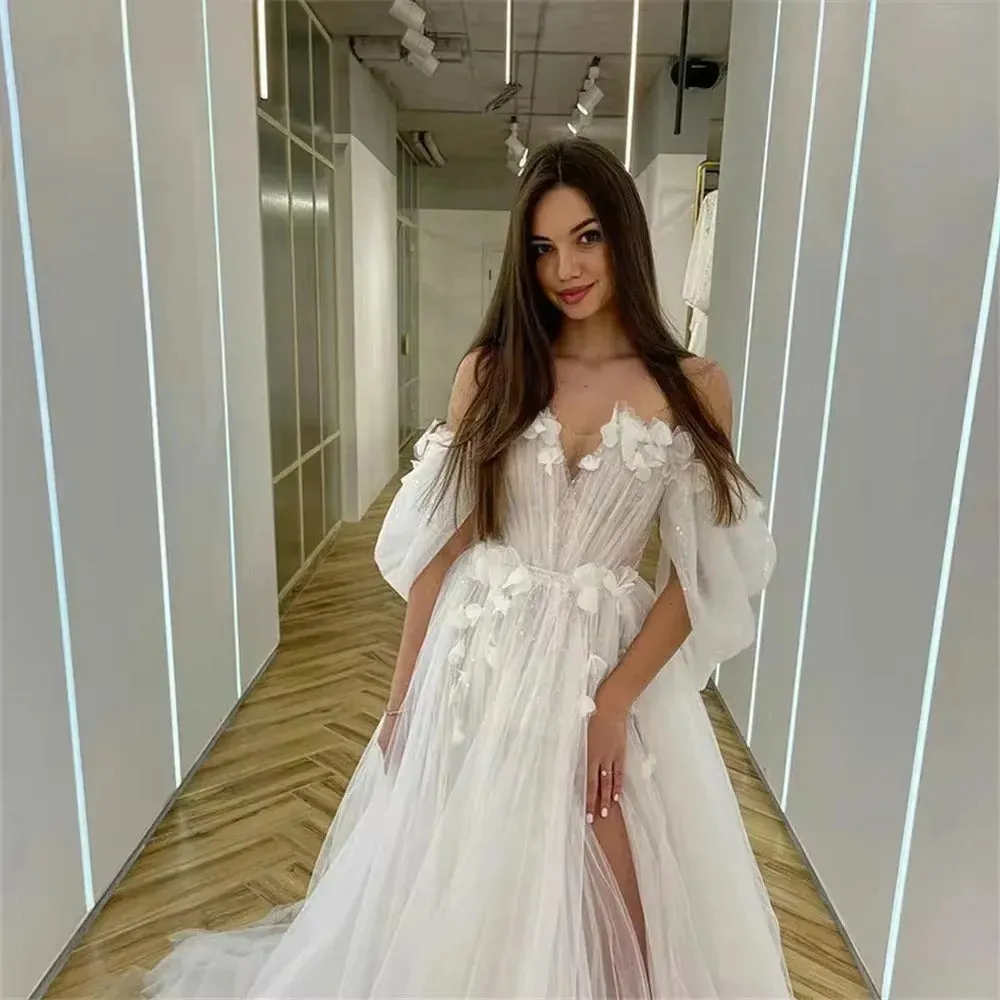 Wedding Dresses Fairy Sweetheart Neck Boho Bride Dresses 3D Flowers Puff Sleeve Elegant Wedding Gowns suknia ślubna Bridal Gown