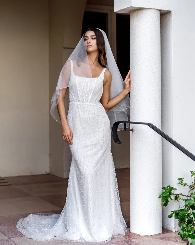 wedding veil - extra sparkle crystal and bugle beaded edge - Demi at Kezani