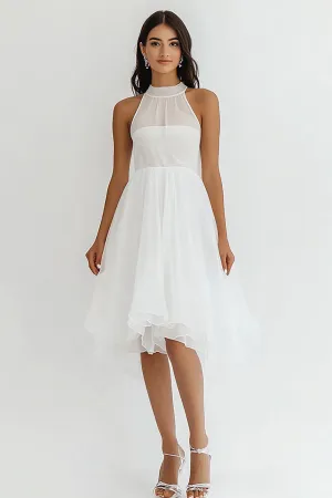 White Chiffon High Neck Midi A Line Graduation Dress