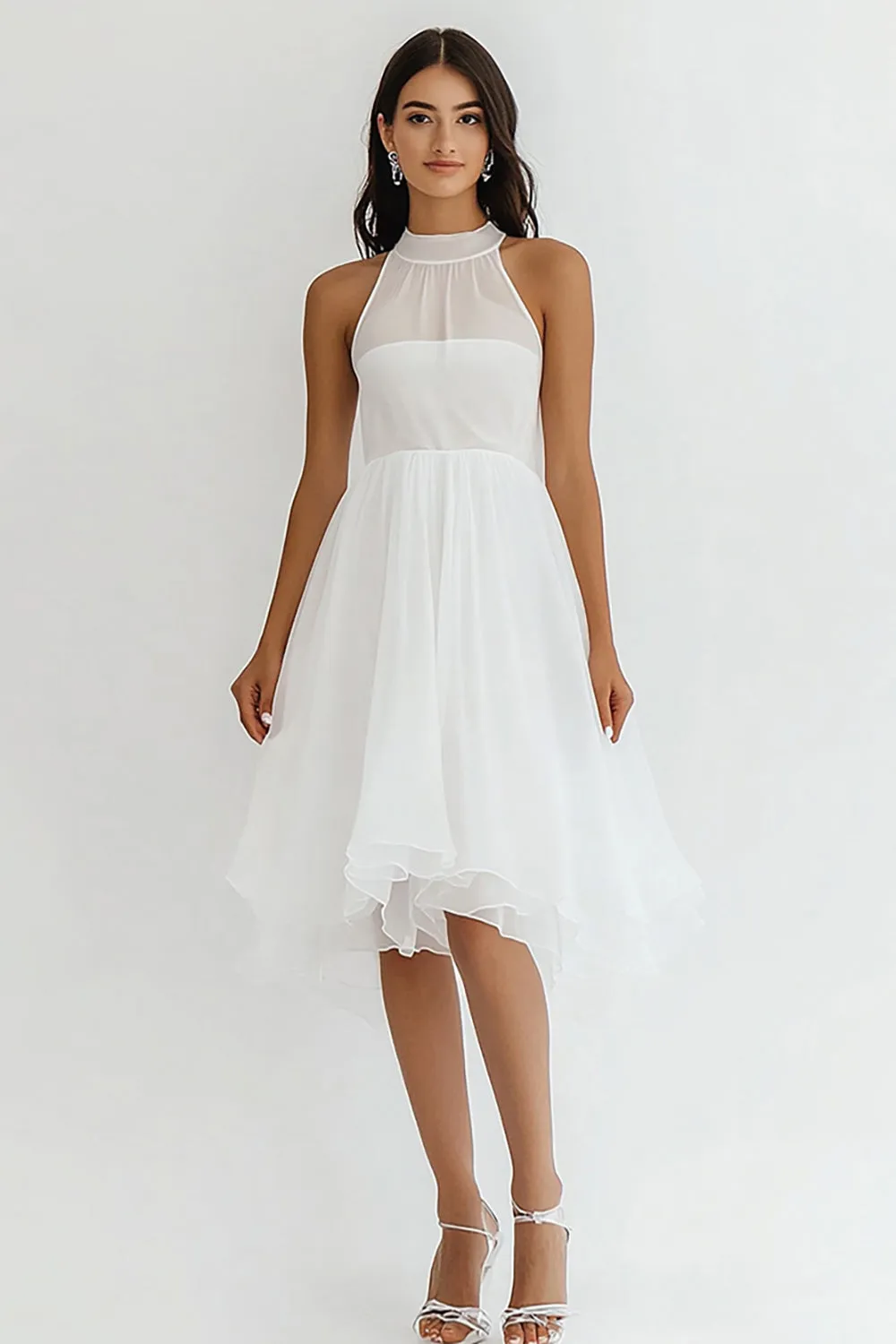 White Chiffon High Neck Midi A Line Graduation Dress