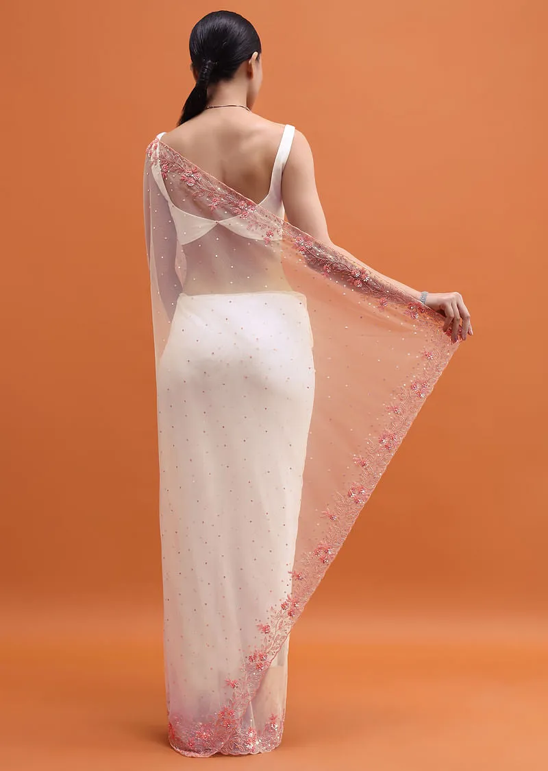 White Embroidered Net Saree In Sequin