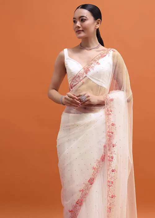 White Embroidered Net Saree In Sequin
