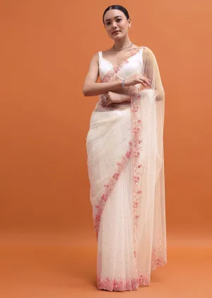 White Embroidered Net Saree In Sequin