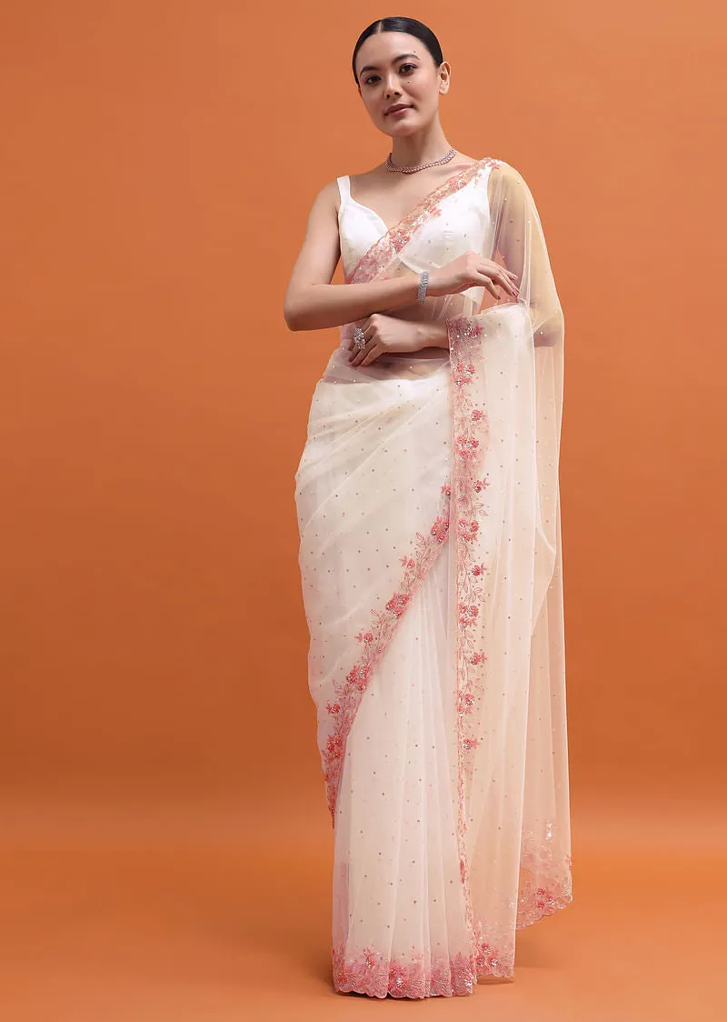 White Embroidered Net Saree In Sequin