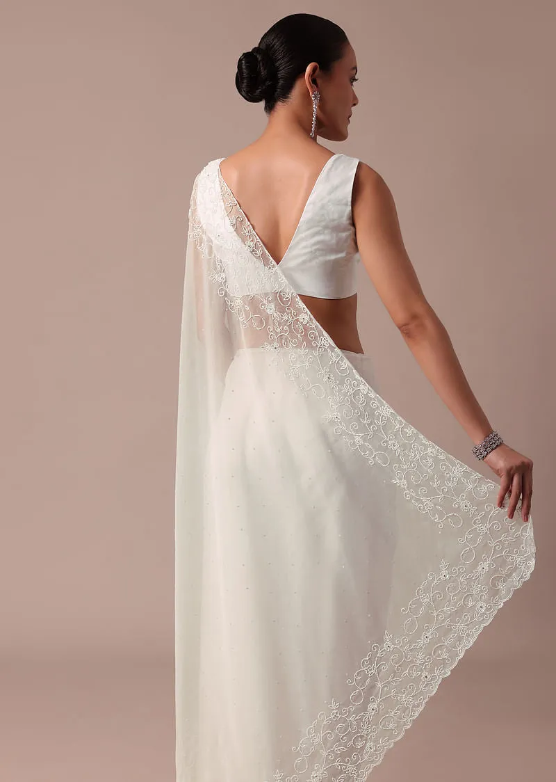 White Embroidered Organza Saree