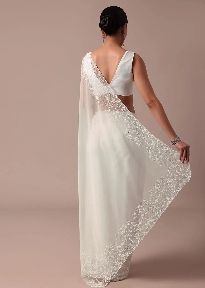 White Embroidered Organza Saree